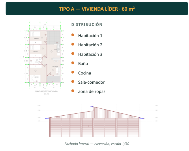 Plano arquitectónico vivienda Tipo A de 60 metros cuadrados