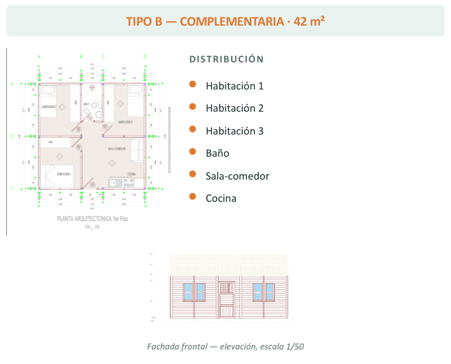 Plano arquitectónico vivienda Tipo B de 42 metros cuadrados